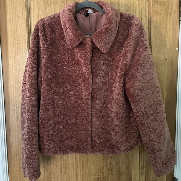 H&M | Divided | Deep Pink Shearling Cropped Rounded-Collar Jacket | Medium - Picture 1 of 7